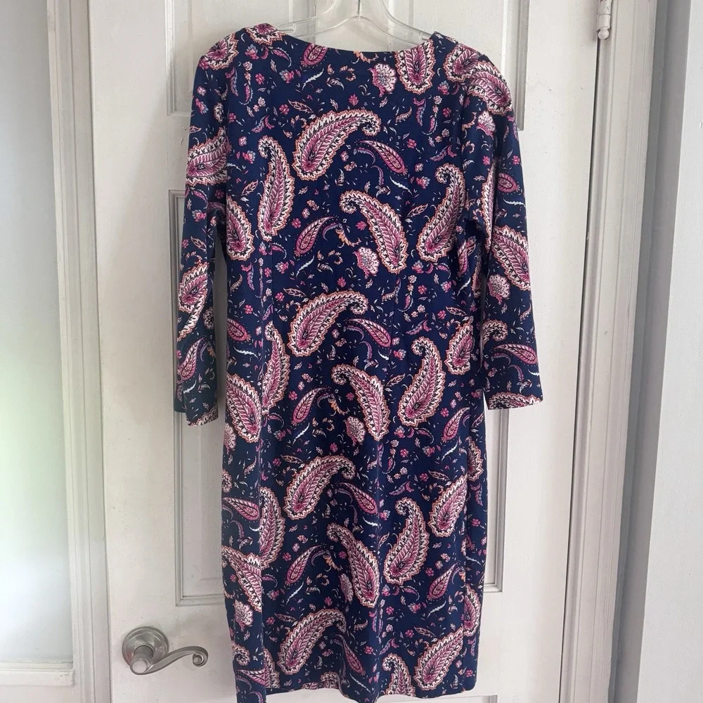 Talbots Dress Women's Sz‎ M Blue Pink Paisley Split Neck 3/4 Sleeve Lounge